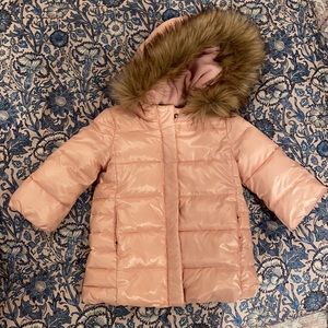 Excellent condition pink puffer coat with fur